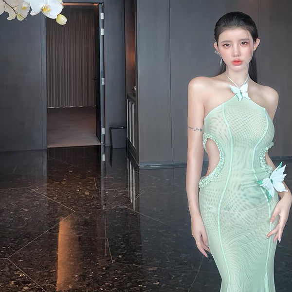 Pure Desire Style Sexy Hot Girl 3D Butterfly Decor Halter Neck Dress Beach Slimming Hollow Out Lace Long Dress