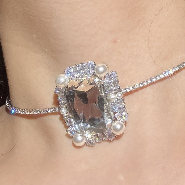Choker Flash Diamond Necklace Square Diamond Design Sense Niche Neck Chain Wedding Dress Accessories Nightclub Disco Choker