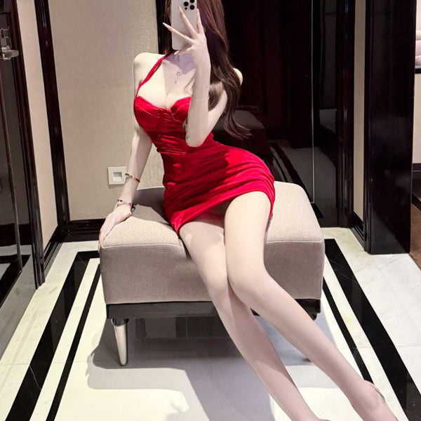 Pure Desire Style Sexy Hot Girl Halter Neck Backless Retro Summer Slim Fit Waist Dress Bodycon Short Dress