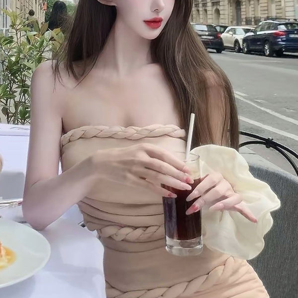 Pure Desire Style Sexy Hot Girl Strapless Dress Slimming Hot Girl Braided Edge Wrapped Chest Slim Waist Bodycon Dress Summer