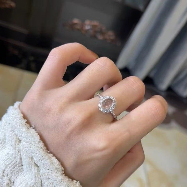 Natural ice-through agate white chalcedony ring women's Chinese retro temperament oval egg surface open ring