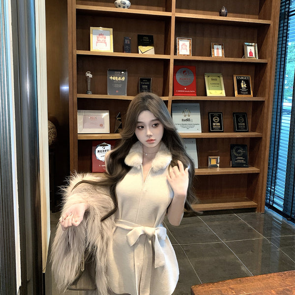 Milk white fur collar sleeveless knitted vest women's spring design waist strap temperament cardigan top