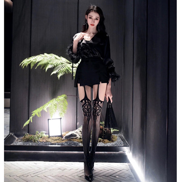 Spice girls sexy jacquard high tube suspenders beautiful legs plastic mesh socks women's photo concave lace stockings