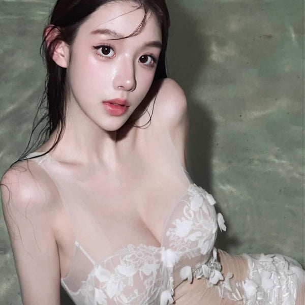 Pure Desire Wind Sexy Hot Girl Lace Mesh Perspective jumpsuit Cross Tie Printed Embroidered High Fork Strap Female