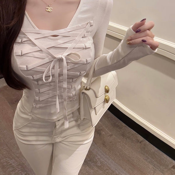 Luna 221 new pure desire wind T-shirt top slim lace-up knitted sweater