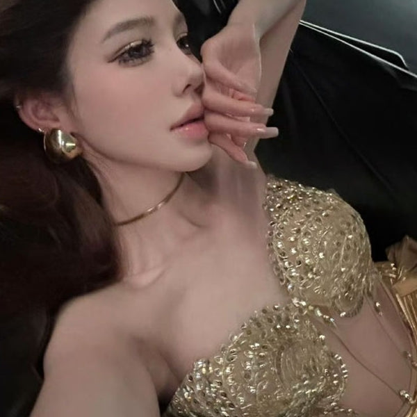 Fishbone backless tube top short skirt perspective light luxury nightclub DJ party sexy performance suit gold diamond dress