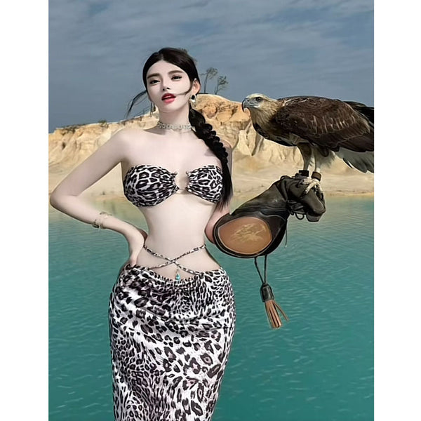 Hot girl sexy chest wrapped vacation beach INS anchor strapless beach temptation slim half skirt leopard print set