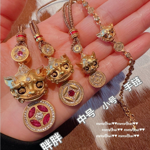 Ancient gold chiseled copper coins, dynamic Pixiu sparkling diamond pendant necklace, eyes moving Chinese necklace