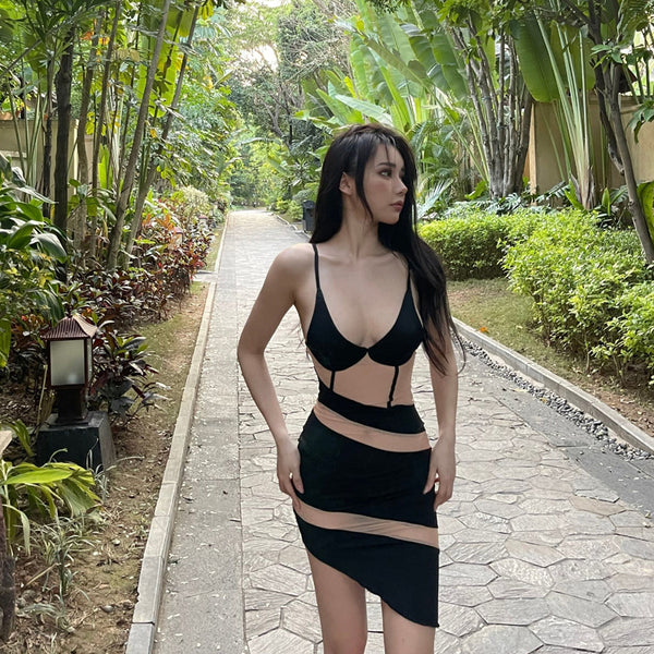 Nightclub dancing sexy perspective black splicing skirt foreign style versatile fashion small holiday suspender dress