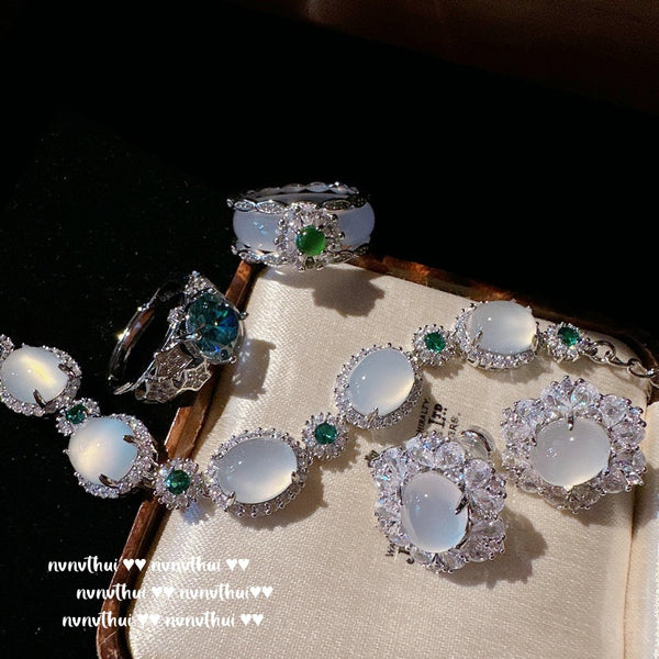 White Moonlight Litchi Frozen Jade Gemstone Bracelet Water Spirit Water Spirit White Jade Gemstone Agate Flower Ring New Chinese Style