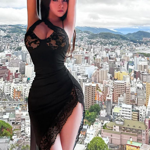 Nightclub spicy girl style sexy low cut V-neck lace patchwork irregular temperament high slit waist slimming dress