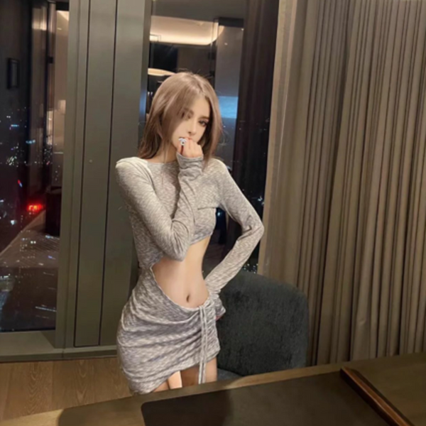 Spring New Sexy Slim Hollow Waist Niche Design Sense Foreign Style Long Sleeve Versatile Bottom Irregular Dress