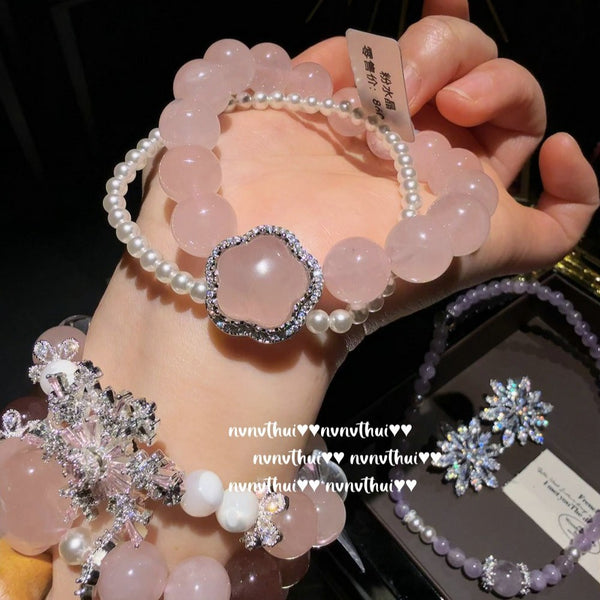 Gilded snow pollen crystal small waist bracelet with pink jade stars, lavender purple bracelet
