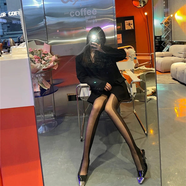 Spring and Autumn Spice Girls Temperament Trendy Sexy Legs Skinny Black Stockings Striped Concave Styling Temperament Versatile Pantyhose Women