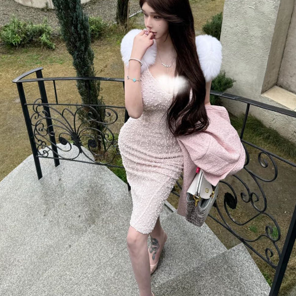 Qianjin Feng furry heavy industry conglomerate pearl dress little princess furry shoulder fashionable small dress enchanting