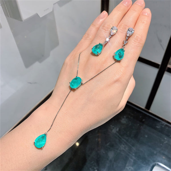 Simulated Caibao European and American imitation Paraiba earrings 10 * 14 pendant necklace 10 * 14 set