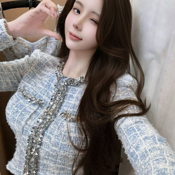 Shuidian Heavy Industry Round Neck Short Knitted Shirt, Two Piece Set for Wealthy Women, Autumn French Gentle Style