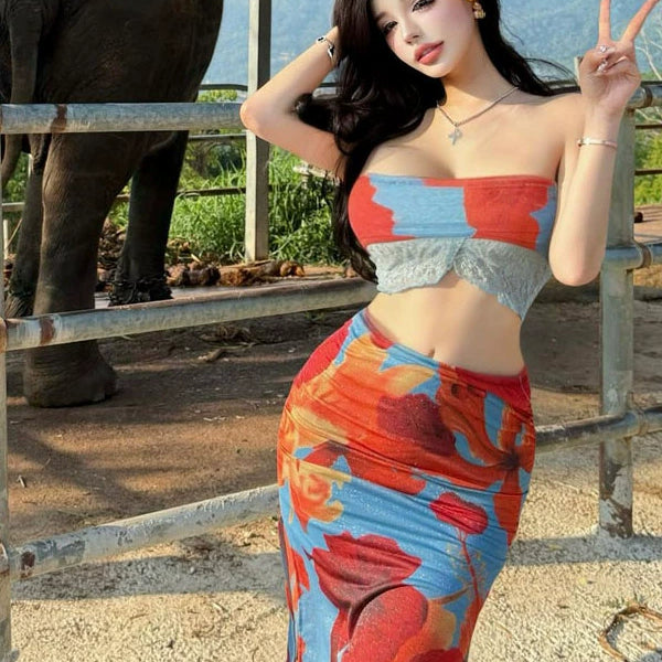 Pure desire style sexy babes hollowed out retro printing open navel vacation fashion chest wrap beach dress two-piece set