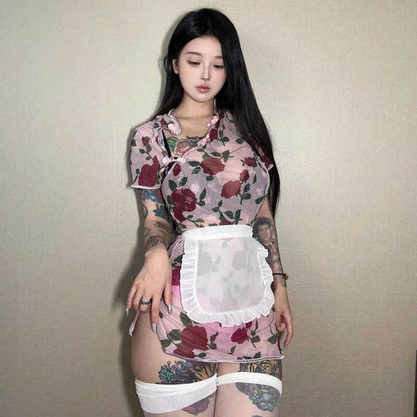 Internet celebrity live streaming host new Chinese maid rose print mesh thin small dress perspective apron cheongsam