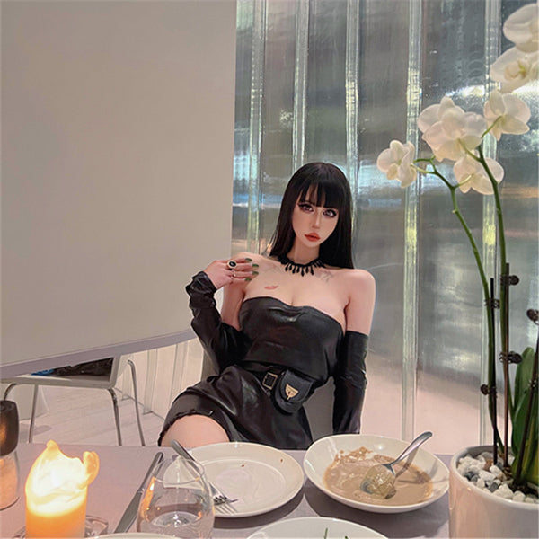 Niche Design Sexy Neck Chain Black Skinny Hip Wrap Spice Girl Leather Short Skirt Rhinestone Fringe Sleeve Dress