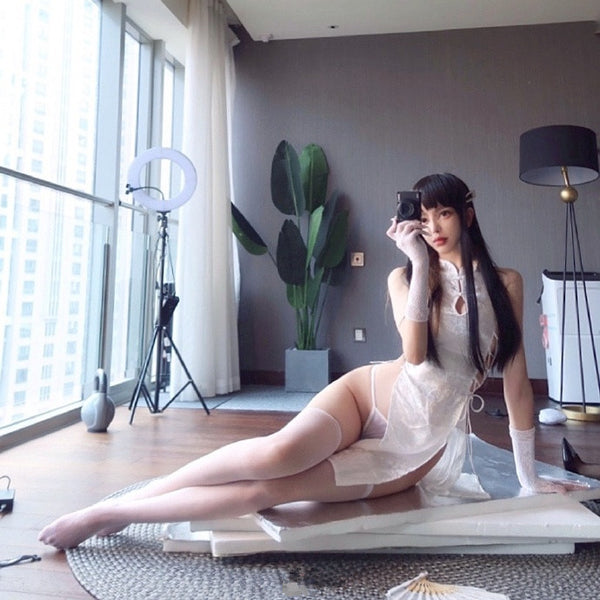 White new women's summer thin retro cheongsam stand-up collar cross nightdress loungewear split ends sexy one-size-fits-all set