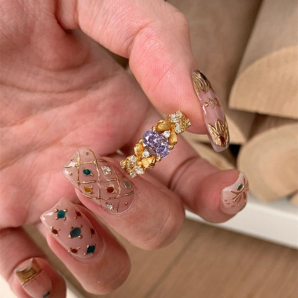 Medieval diamond-set Bauhinia ring women's light luxury niche exquisite design ring versatile fashion high sense index finger ring