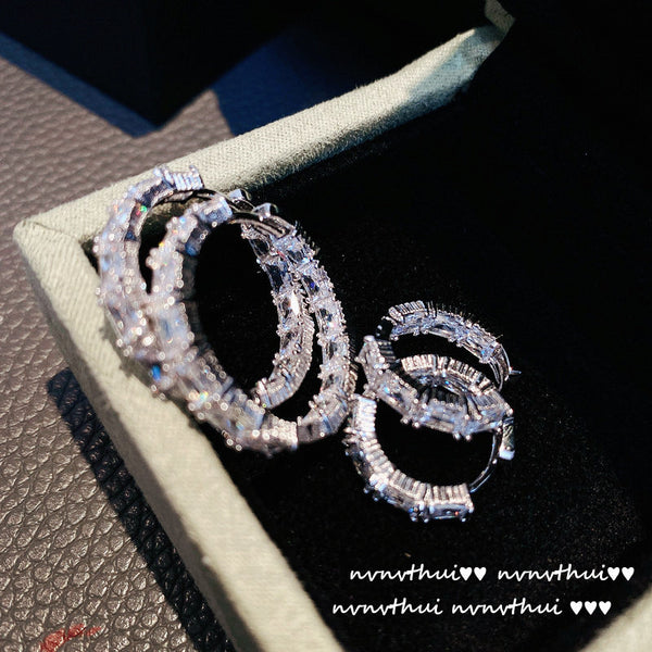 Full diamond zirconium large circle earrings with silver needle earrings