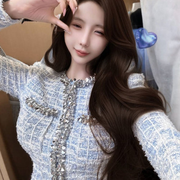 Shuidian Heavy Industry Round Neck Short Knitted Shirt, Two Piece Set for Wealthy Women, Autumn French Gentle Style