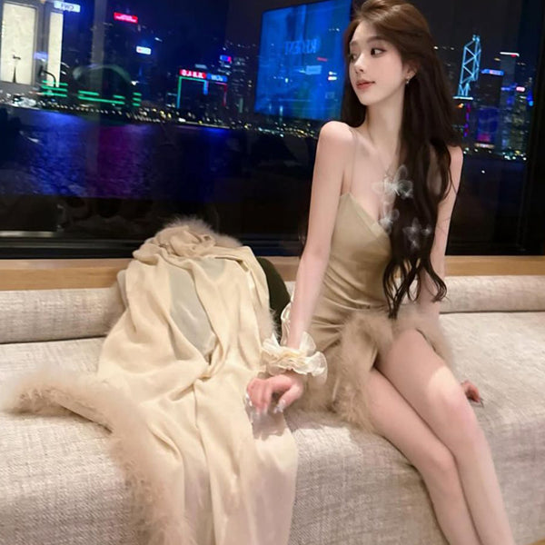 Pure Desire Wind Sexy Noble Temperament Home Sleeping Skirt Show Thin Hair Hairy Edge Strap Sleeping Skirt Lady Long Dress Royal Sister Sleeping Robe