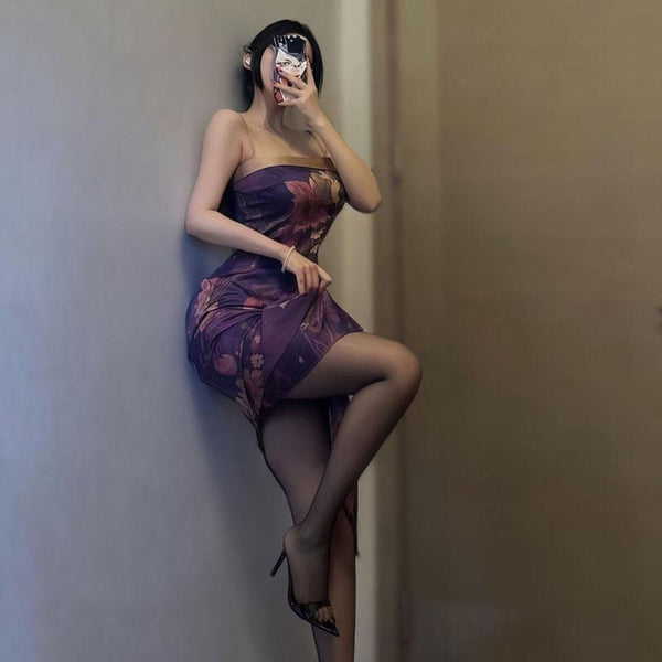 New Chinese-style original retro charm purple lotus color long dress temperament thin tube top waist noble thousand gold suspender skirt