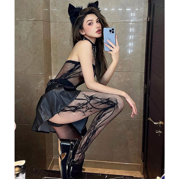 Spice Girls Sexy Hollow Mesh Stockings Pantyhose Black Silk Women's Socks Perspective Side Print Pantyhose Versatile Fashion