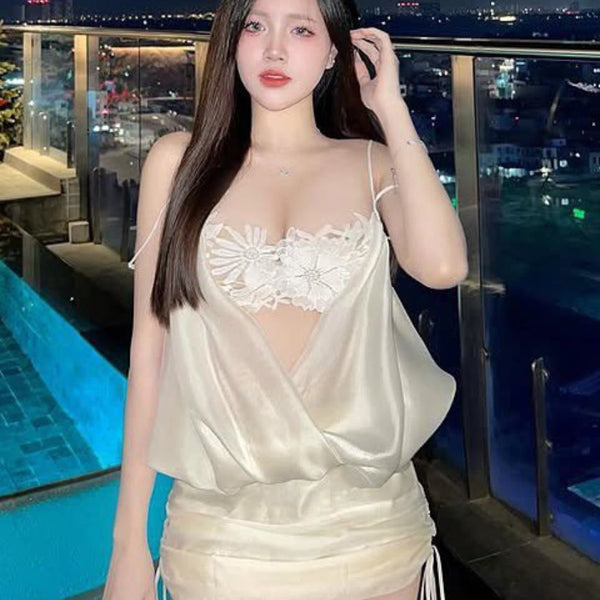 Sexy spicy girl French lace camisole off shoulder satin dress birthday party dress niche dress