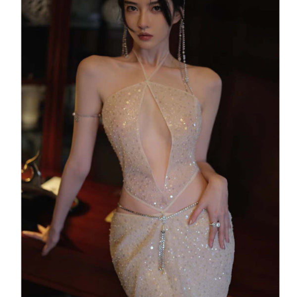 Spice Girl Sexy Sequins Neck Hollow Princess Birthday Party Dress Long Dress Noble Heavy Industry Split Skinny Dress
