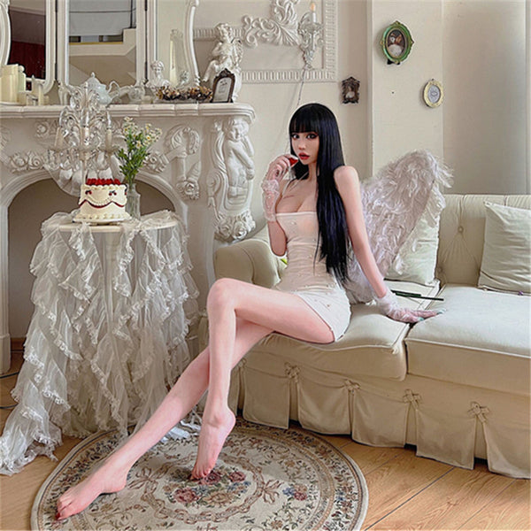 Sweet and Sexy Premium C-Position Pearl Gloves Suspender Skirt Foreign Pure Wish Backless Hips Hanging Neck Dress Summer