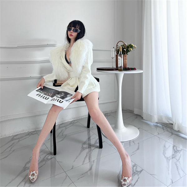Niche high-end Aries stall woolly collar knitted cardigan women's autumn and winter warm medium and long sequined lazy coat