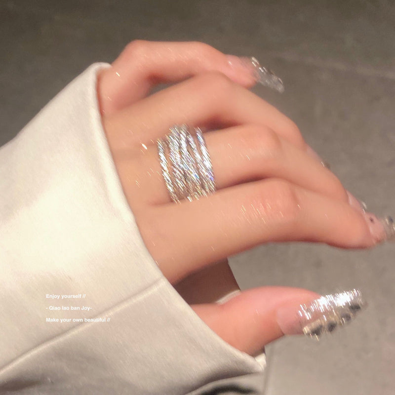 Three-dimensional heavy industry ring silver winding ring niche design texture flash diamond cross cool