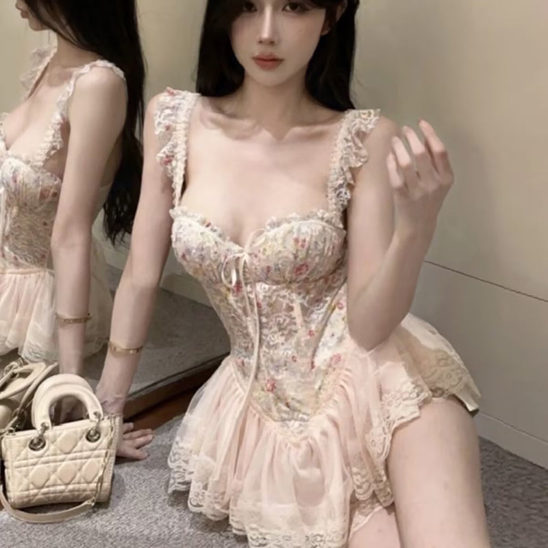 Pure Desire Style Sexy Hot Girl Floral Print Sweet Fishbone Bra with Chest Pads Slimming Gathered Sexy Short Dress Nightdress