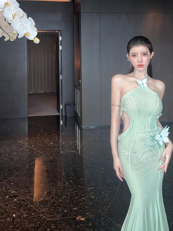 Pure Desire Style Sexy Hot Girl 3D Butterfly Decor Halter Neck Dress Beach Slimming Hollow Out Lace Long Dress