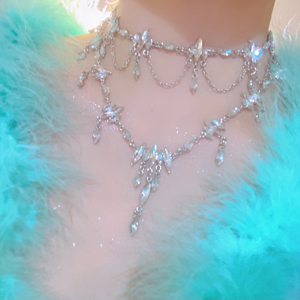 Qingshui Lingzi - Super Fairy Temperament Niche Full Diamond Tassel Design Sense Choker Necklace Party Dress Accessories for Women