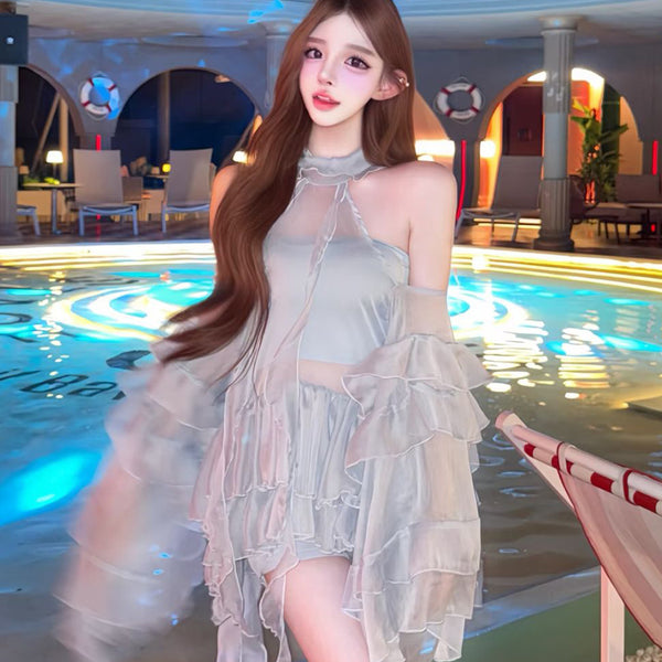 Pure Desire Style Sexy Hot Girl Halter Neck Off-Shoulder Dress for Women Summer Beach Vacation Blue Hollow Out Backless Dress
