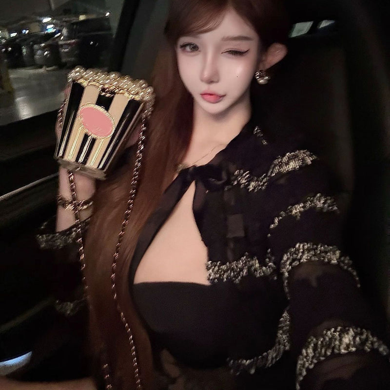Pure Desire Style Sexy Hot Girl Hollow Lace Patchwork Long Sleeve Top Bow Tie Versatile Black Slimming Top