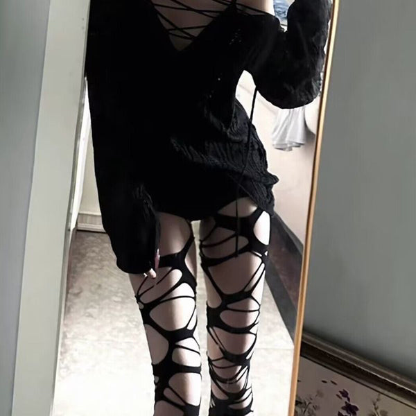 [BY] Self-Made Gothic Punk Flesh-Clamping Stockings Hot Girl Subculture Black Ripped Stockings Base Pantyhose Fishnet Stockings