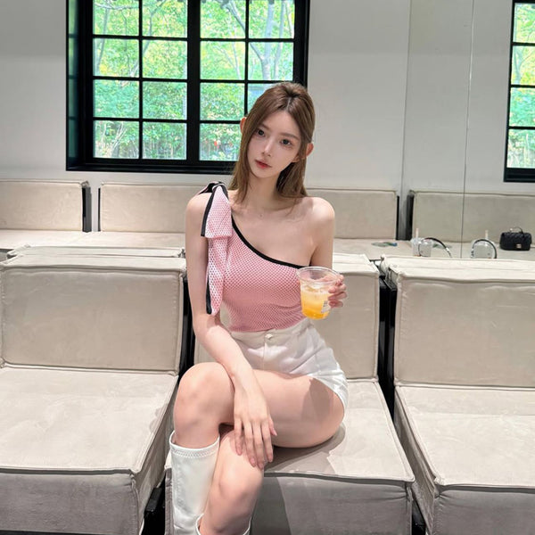 Pure Desire Style Sexy Hot Girl Halter Neck Strap Vest Women Summer Beach Vacation Slimming Beach Bowknot One-shoulder Top