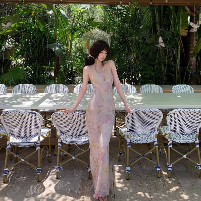 Pure Desire Style Sexy Hot Girl Floral Strap Dress Women Summer Vacation Slim Beach Backless Butterfly Bodycon Long Dress