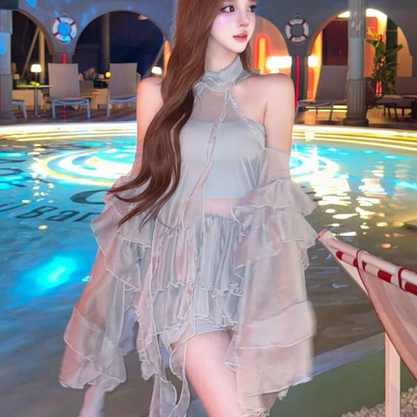 Pure Desire Style Sexy Hot Girl Halter Neck Off-Shoulder Dress for Women Summer Beach Vacation Blue Hollow Out Backless Dress