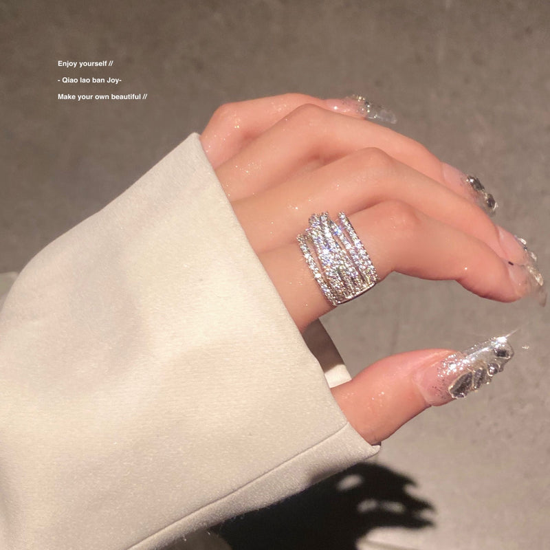 Three-dimensional heavy industry ring silver winding ring niche design texture flash diamond cross cool