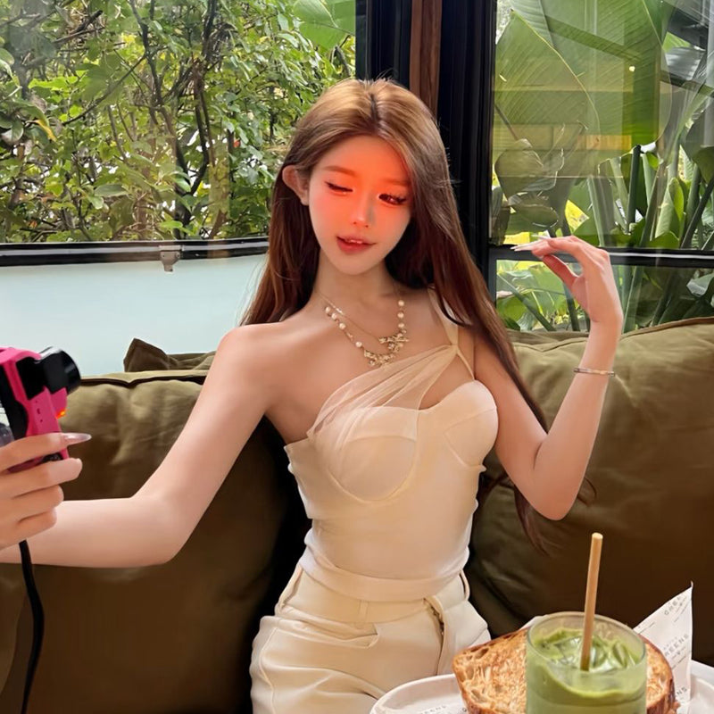 Pure Desire Style Sexy Hot Girl White Mesh Patchwork Sexy Strapless Off-Shoulder Vest with Chest Pad Short Top for Summer