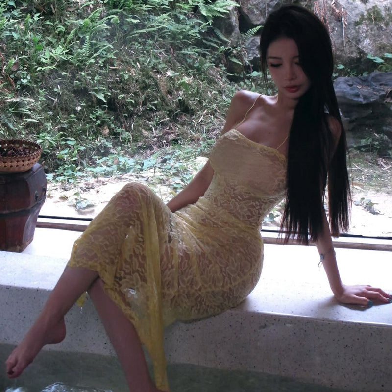 Pure Desire Style Sexy Hot Girl Yellow Halter Neck Dress for Women Summer Beach Vacation Slimming Beach Bodycon Long Dress