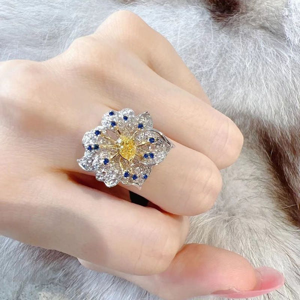 Qianjin Wind Premium Sense Color Treasure Exquisite Water Drop Ring Opening Cold Full Diamond Niche Design Flower Ring Female