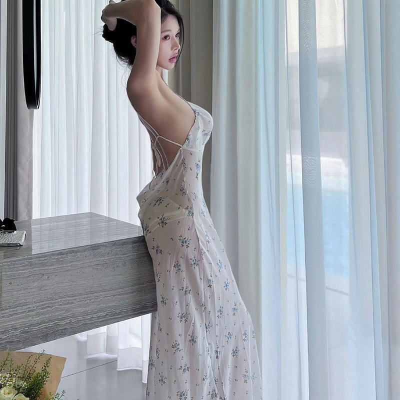 Pure Desire Style Sexy Hot Girl Floral Backless Strap Dress Summer Vacation Slimming Base Dress Slit Long Dress